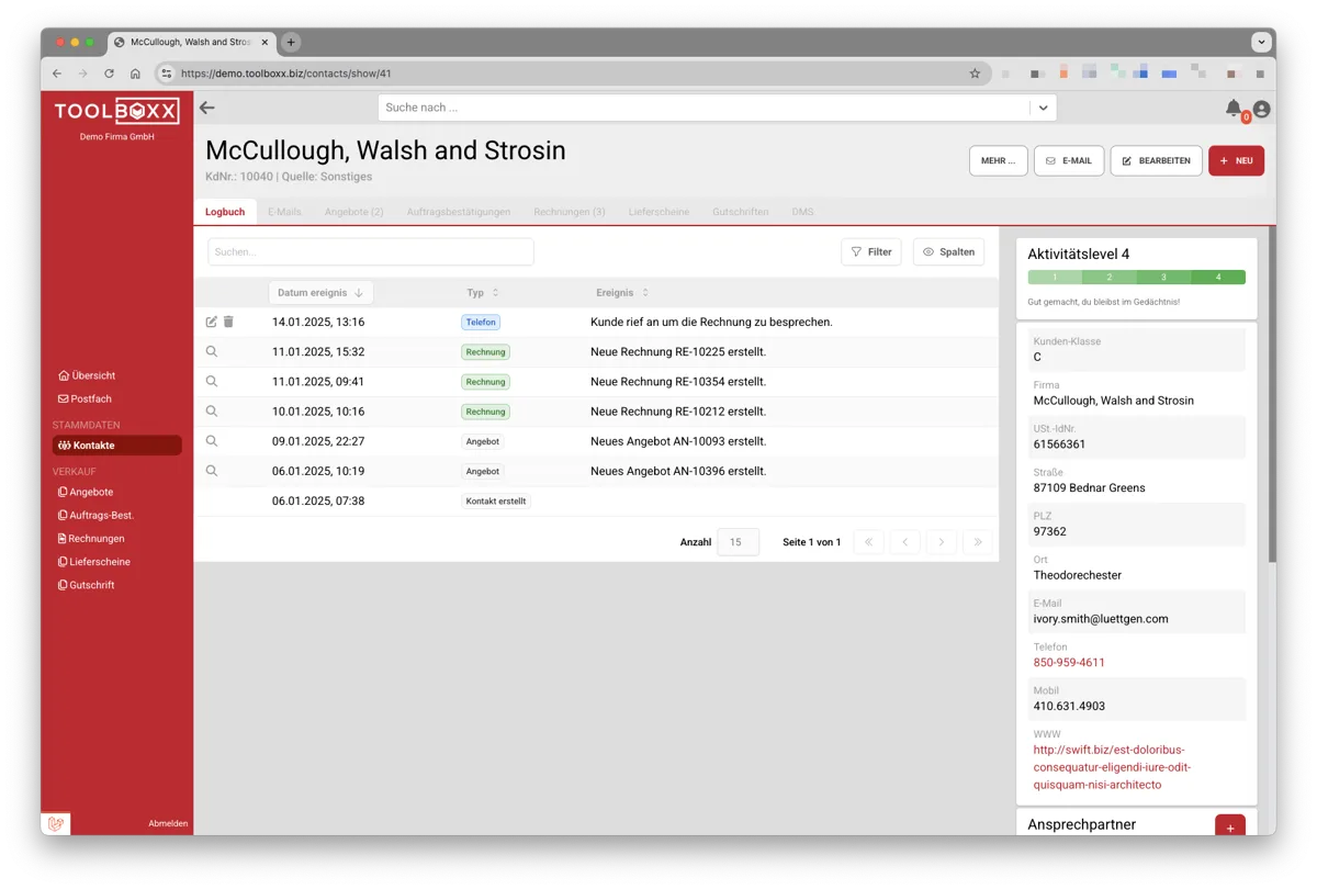 toolboxx: Kontaktansicht mit Logbuch, Angeboten und Rechnungen (Demo-Daten)